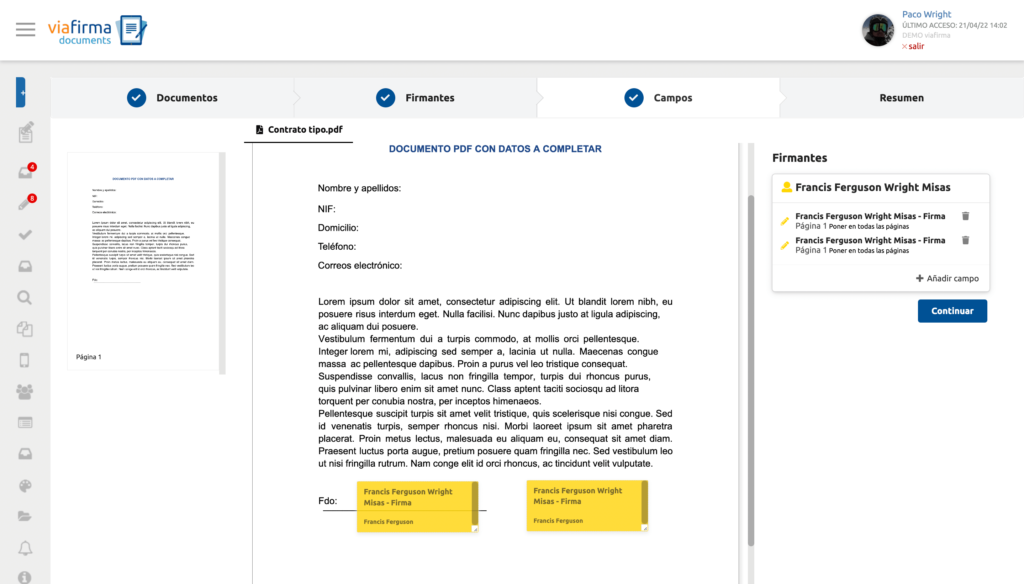 Captura añadiendo el tipo de firma al documento